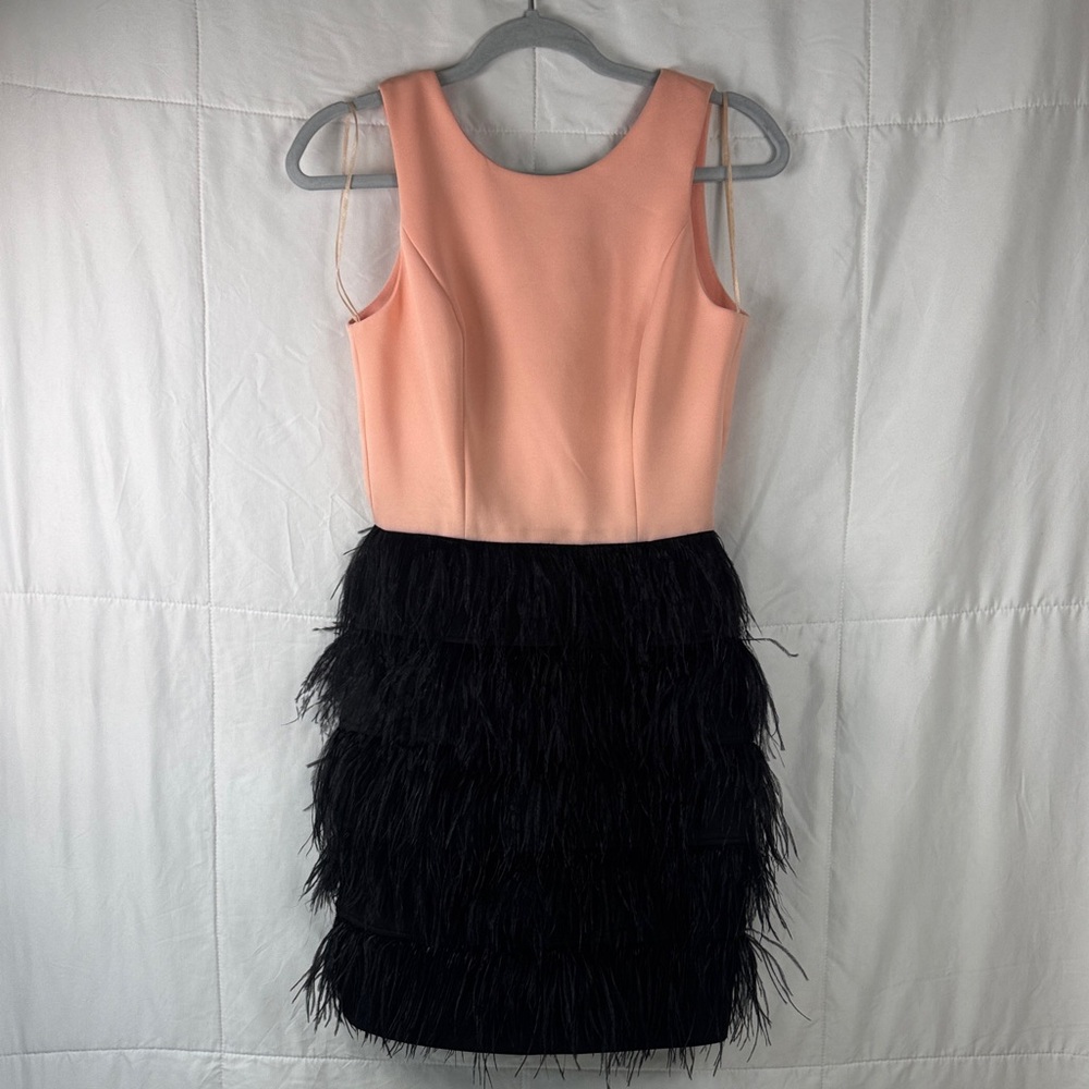 Maia Peach Black Feather Mini Dress Open Back Party Cocktail